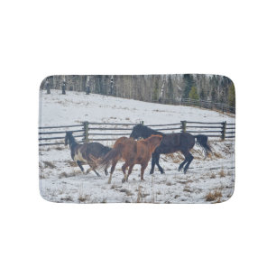 Spirited Pinto and Quarter Horses in Winter Snow Bath Mat