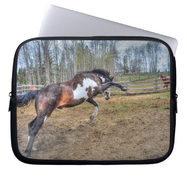 Spirited Pinto Stallion Equine Action Photo Laptop Sleeve (Front)