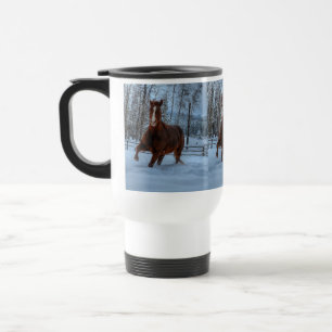 Spirited Sorrel Horse in Snow for Horse-lovers Travel Mug