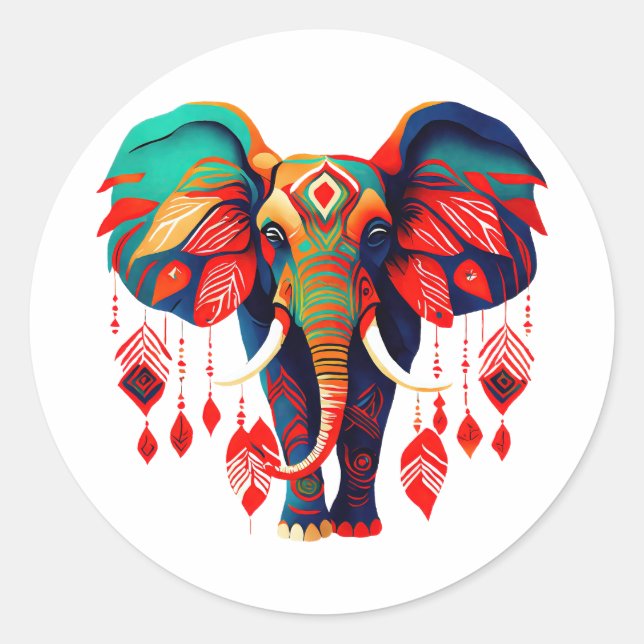 Spiritual Elephant with Red Feathers Classic Round Sticker (Front)