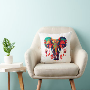 Spiritual Elephant with Red Feathers Throw Pillow