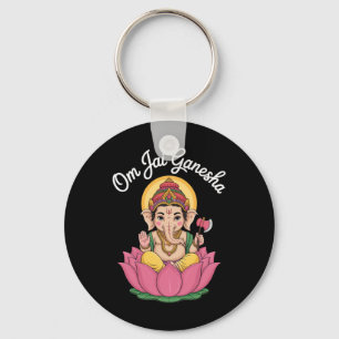Spiritual Ganesha Lotus Illustration Om Jai Saying Keychain