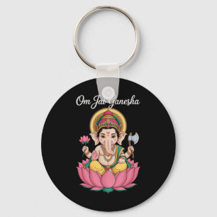 Spiritual Ganesha Lotus Illustration Om Jai Saying Keychain