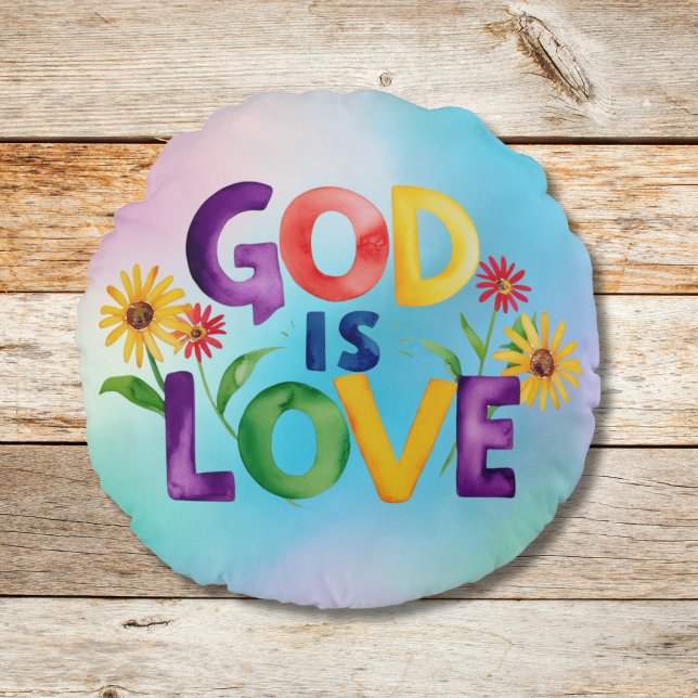Spiritual God is Love blue yellow Daisy flowers Mo Round Pillow (Creator Uploaded)