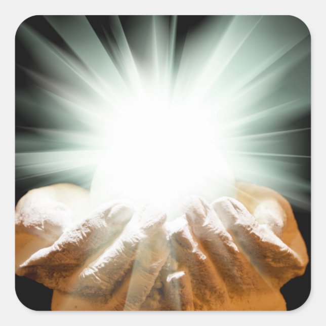 Spiritual light in cupped hands square sticker (Front)