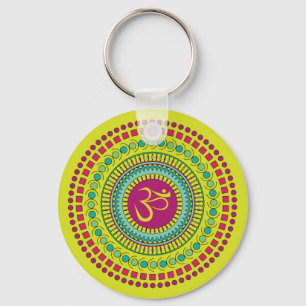 Spiritual Mandala Om Symbol Pink Green Geometric Keychain