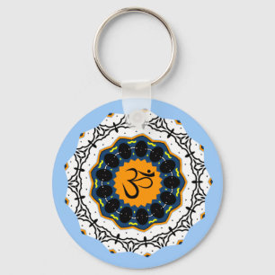 Spiritual Mandala Yoga Om Symbol Blue Geometric Keychain