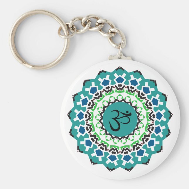 Spiritual Mandala Yoga Om Symbol Turquoise Blue Keychain (Front)