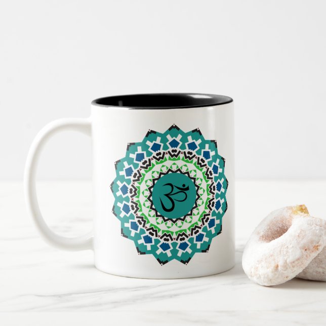 Spiritual Mandala Yoga Om Symbol Turquoise Blue Two-Tone Coffee Mug (With Donut)