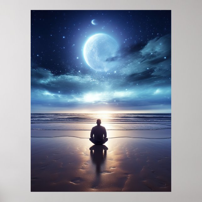 Spiritual Meditating Man on the Beach at Night Poster (Front)