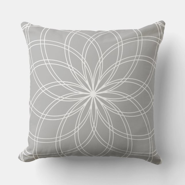 Spiro Mandala White Grey Throw Pillow (Front)