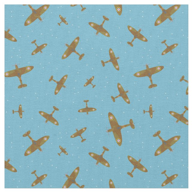 Spitfire Airplane Pattern on Light Blue Fabric (Close Up)