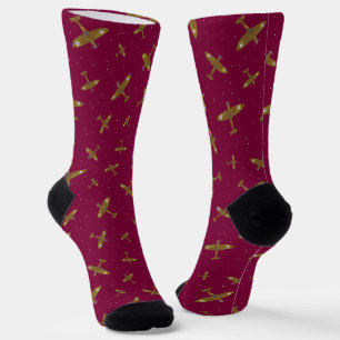 Spitfire Airplanes Aviation Themed Burgundy Socks