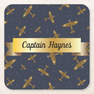 Spitfire Airplanes on Navy Blue Gold Scroll Square Paper Coaster