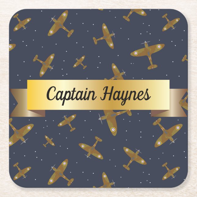 Spitfire Airplanes on Navy Blue Gold Scroll Square Paper Coaster (Front)