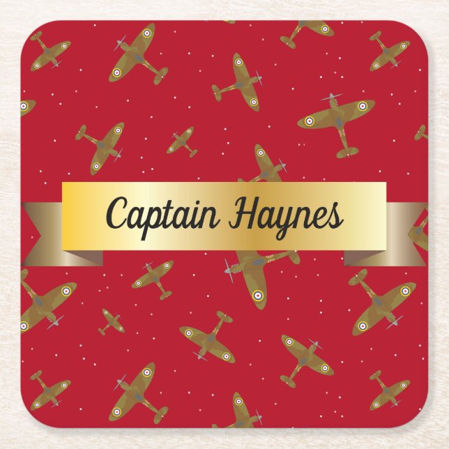 Spitfire Airplanes on Red with Gold Scroll Square Paper Coaster (Front)