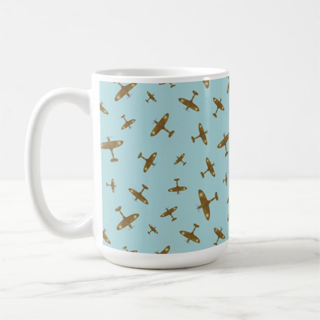 Spitfire War Planes Pattern on Pastel Blue Coffee Mug (Left)