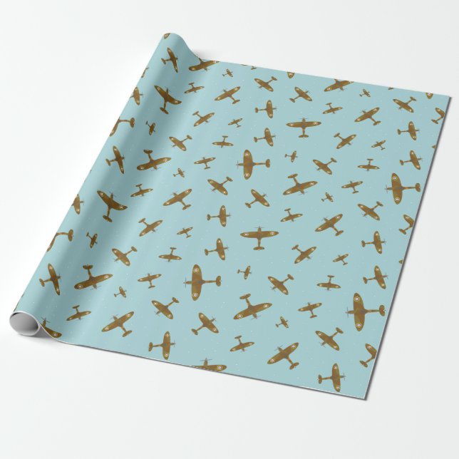 Spitfire War Planes Pattern on Pastel Blue Wrapping Paper (Unrolled)