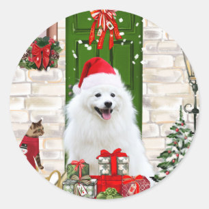 Spitz Dog Christmas  Classic Round Sticker