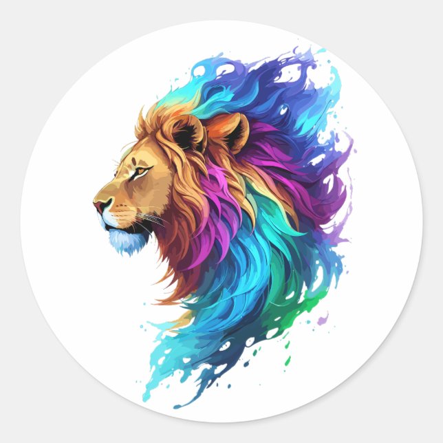 Splash art a lion head side colourful painting classic round sticker (Front)