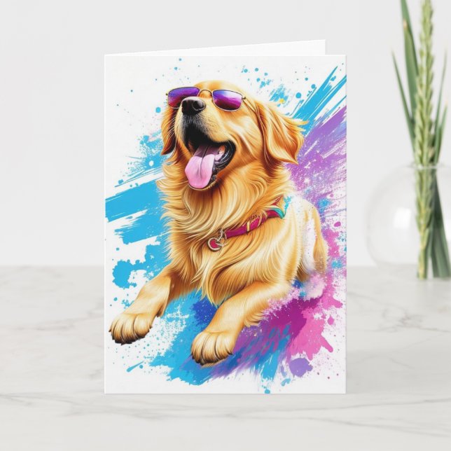 Splash Art Golden Retriever With Sunglasses Blank Card (Front)