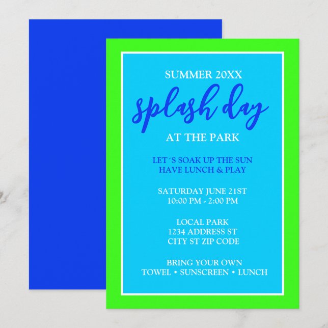 Splash Day Fun Kids Summer Event  Invitation (Front/Back)