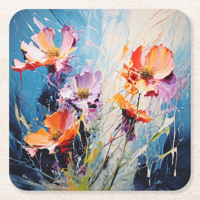 Splash Floral art Square Paper Coaster (Front)