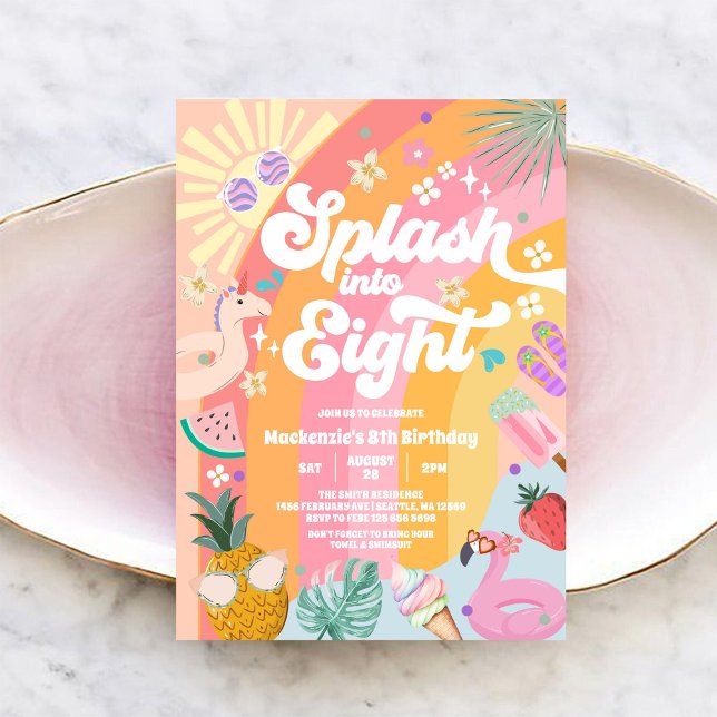 Splash Into Eight Rainbow Sun Summer 8th Birthday  Invitation (Creator Uploaded)