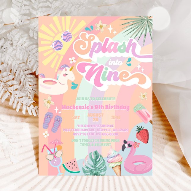 Splash Into Nine Summer Rainbow Sun 9th Birthday  Invitation (Creator Uploaded)