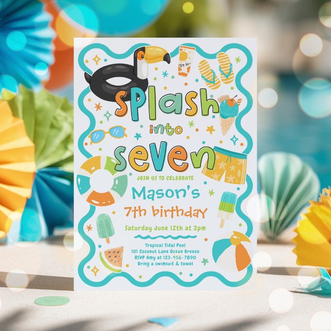 Splash Into Seven Summer Pool Party 7th Birthday Invitation (Creator Uploaded)