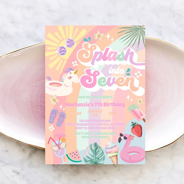 Splash Into Seven Summer Rainbow Sun 7th Birthday  Invitation (Creator Uploaded)