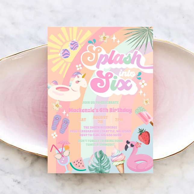 Splash Into Six Summer Rainbow Sun 6th Birthday  Invitation (Creator Uploaded)