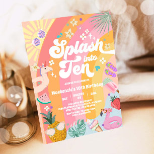 Splash Into Ten Summer Rainbow Sun 10th Birthday  Invitation