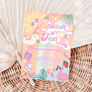 Splash Into Ten Summer Rainbow Sun 10th Birthday  Invitation