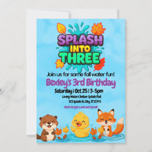 Splash Into Three Fall Water Fun birthday Invitation