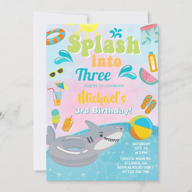 Splash into Three pool party birthday invitation. Invitation (Front)