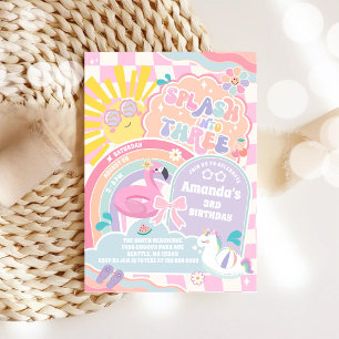 Splash Into Three Pool Party Rainbow 3rd Birthday Invitation