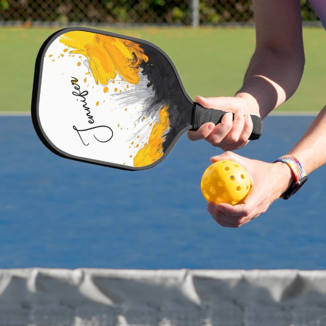 Splash of Gold on Black Personal Name Pickleball Paddle (Insitu)