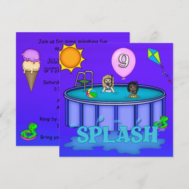 "Splash" Pool Party 9th Birthday Invitation (Front/Back)