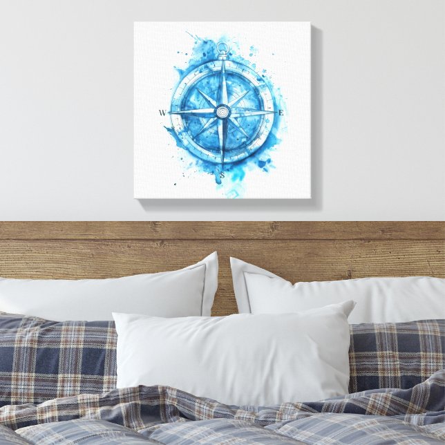 Splashed Compass - blue artistic water colour Canvas Print (Insitu(Bedroom))