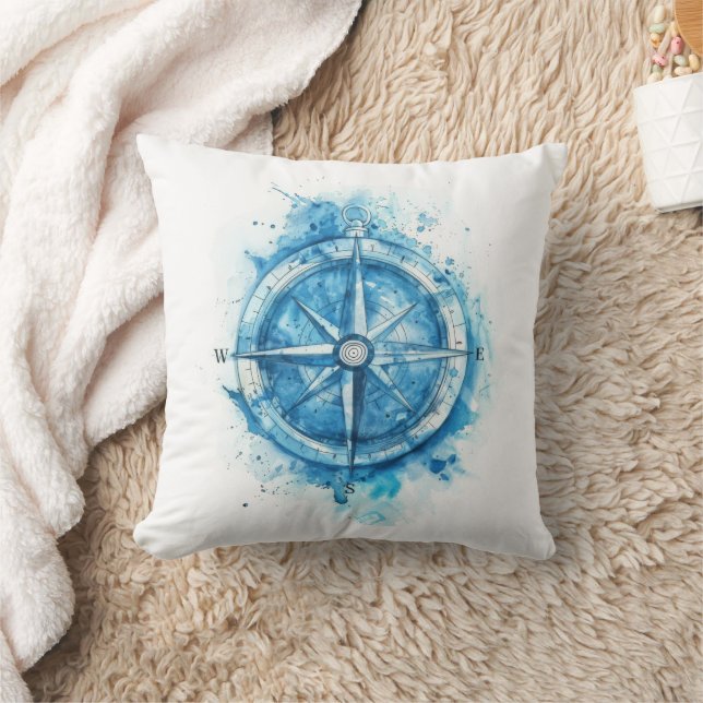 Splashed Compass - blue artistic water colour Throw Pillow (Blanket)