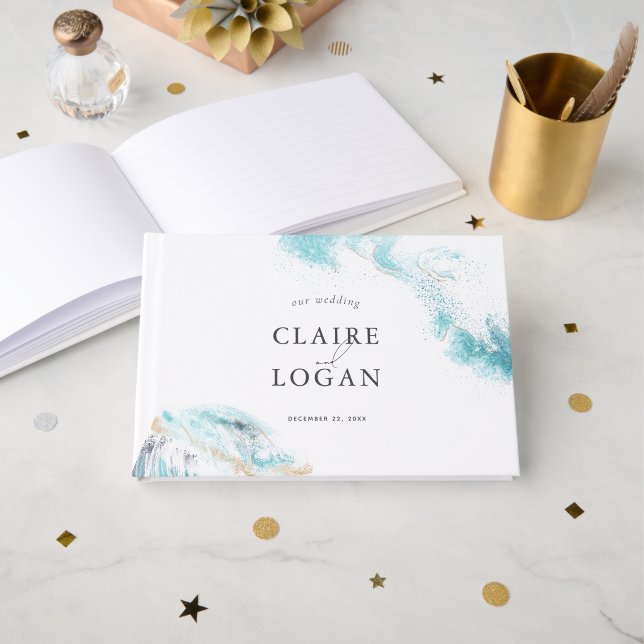 Splashing Blue Waves Coastal Wedding Guest Book (Front Open)