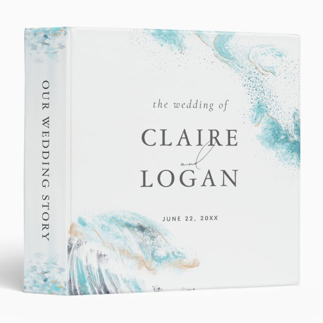 Splashing Blue Waves Coastal Wedding Photo Album Binder (Front/Spine)