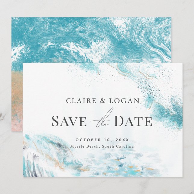 Splashing Blue Waves Coastal Wedding Save the Date Invitation (Front/Back)