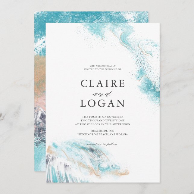 Splashing Blue Waves Details Coastal Wedding Invitation (Front/Back)