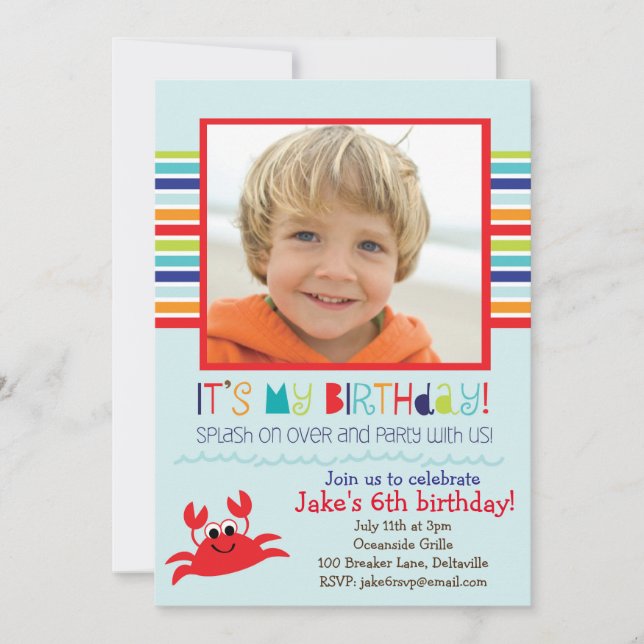 Splashing Crab Summer Birthday Party Invitation (Front)