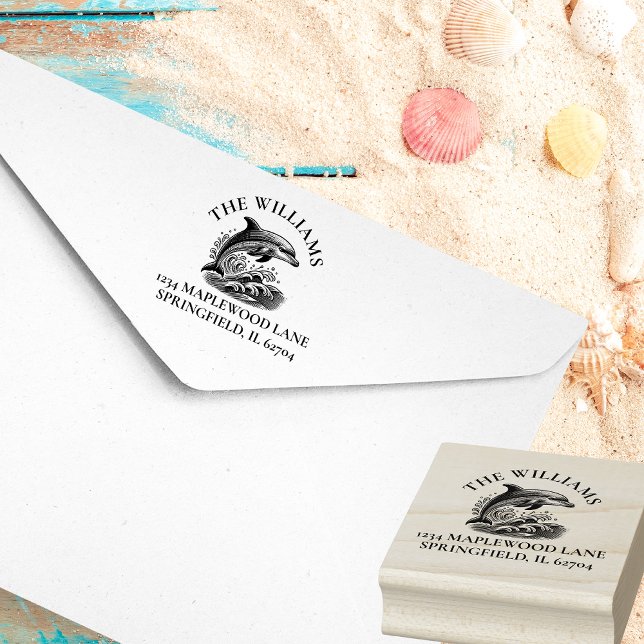 Splashing Dolphin Custom Family Return Address Rubber Stamp (Splashing dolphin family address stamp
)