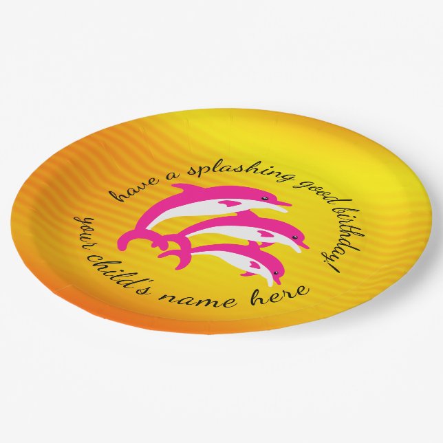 Splashing Good Birthday Dancing Pink Dolphins Paper Plate (Angled)