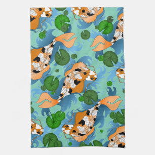 Splashing Koi Fish and Pond Lilies Custom Kitchen Towel