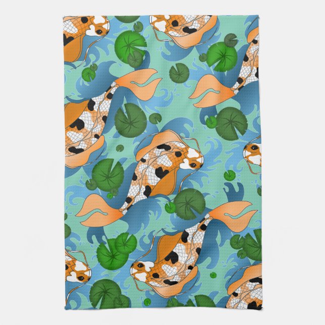Splashing Koi Fish and Pond Lilies Custom Kitchen Towel (Vertical)